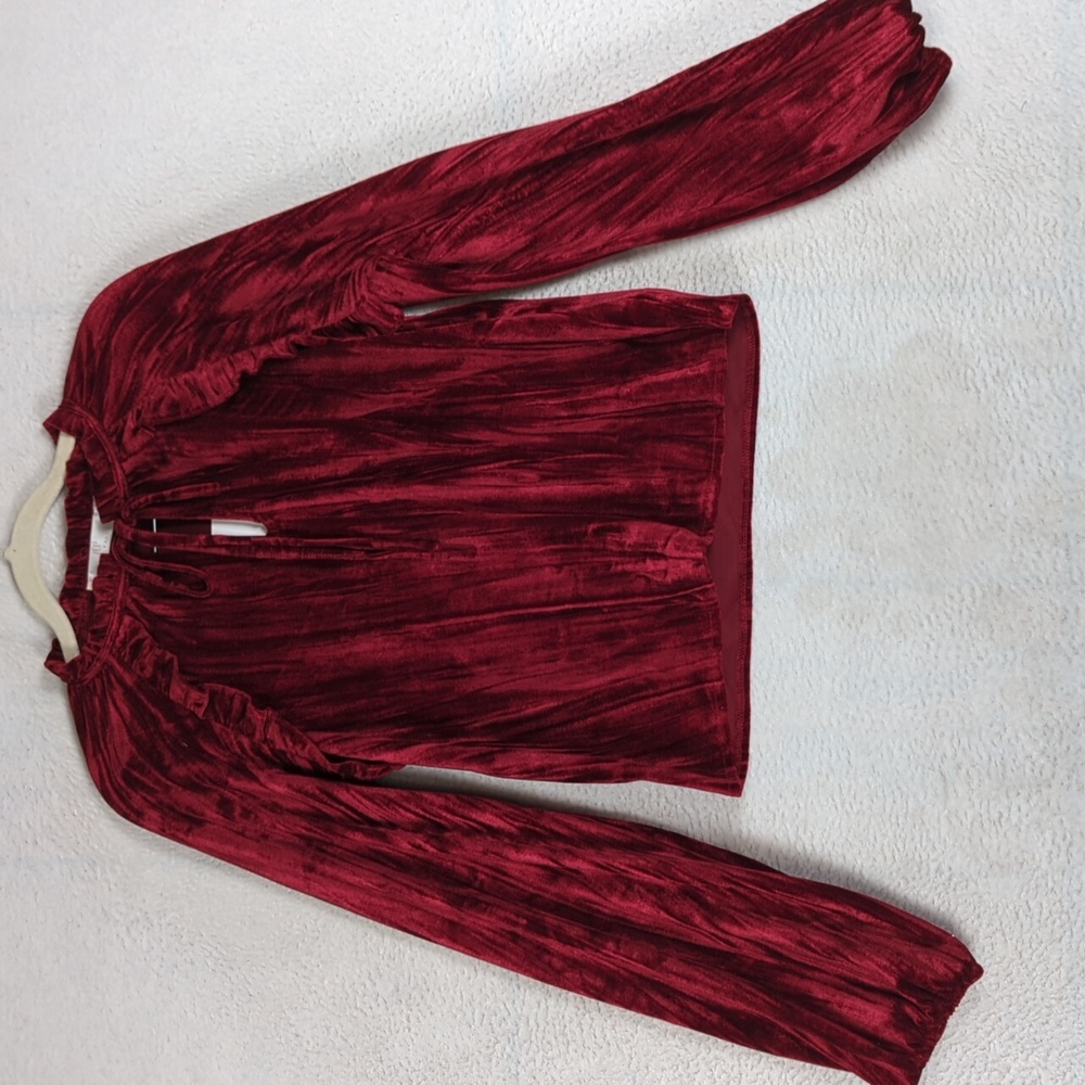 Rachel Parcell Women's Red Crinkle Velvet Ruffle Long Sleeve Blouse Size XS